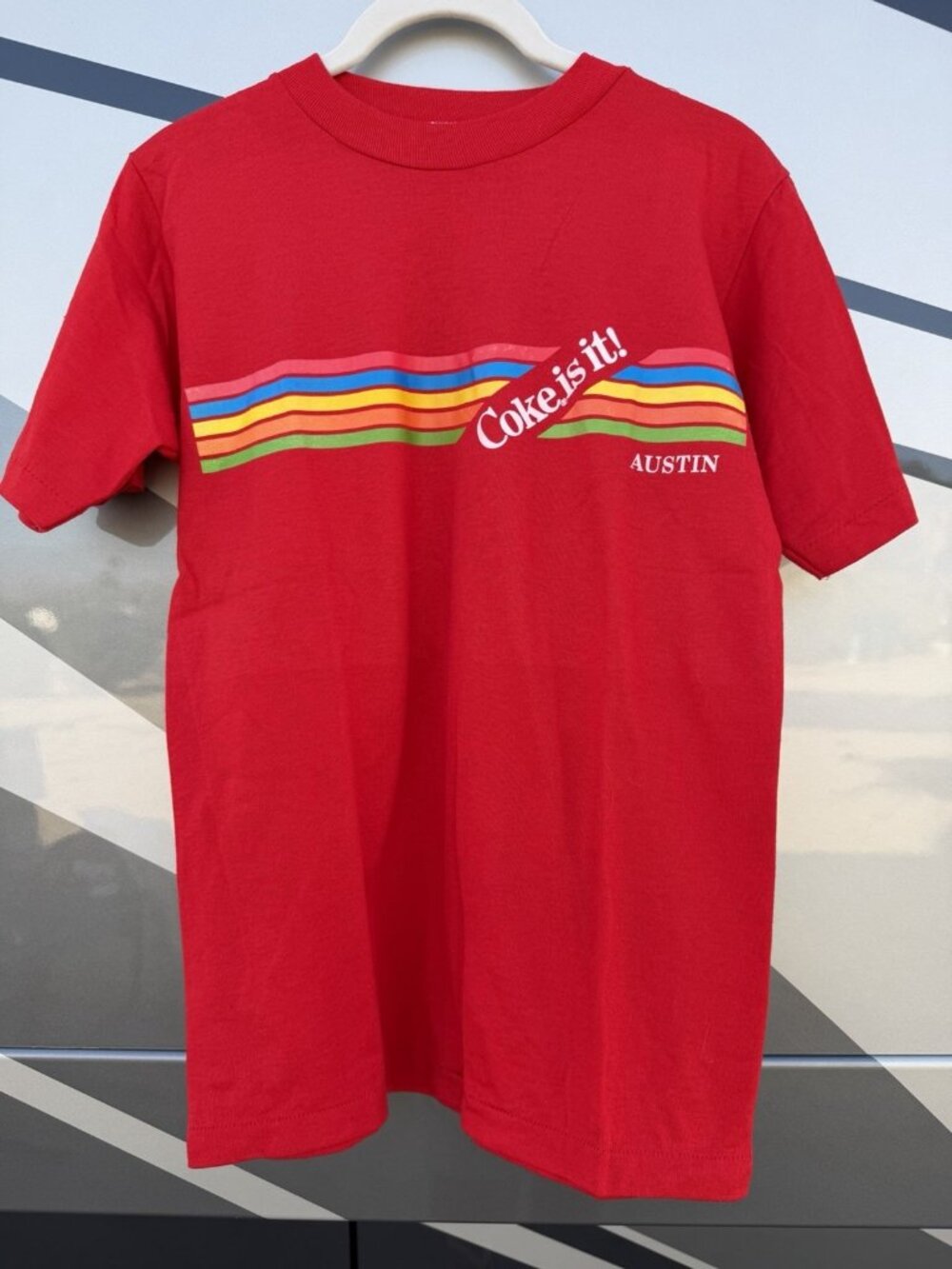 Vintage 80s Velva Sheen Coke is It! Austin Texas rainbow striped red tshirt S